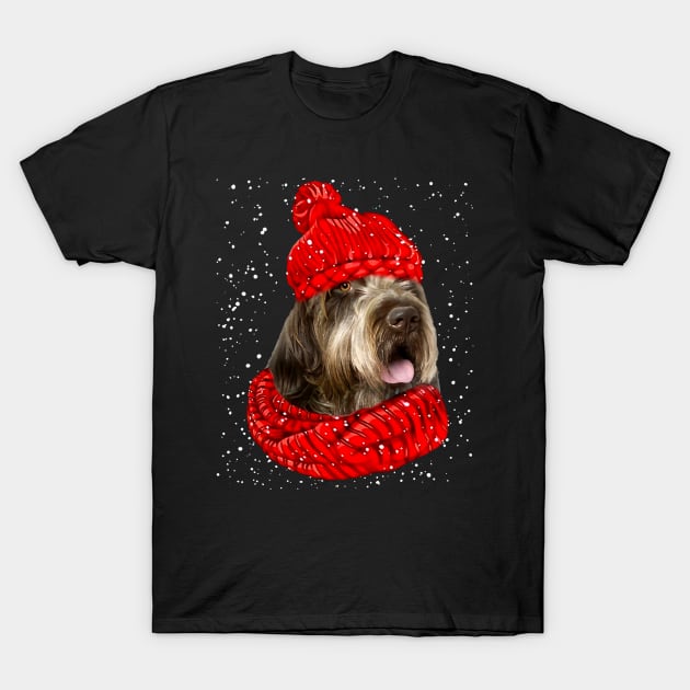 Wirehaired Pointing Griffon Wearing Red Hat And Scarf Christmas T-Shirt by SuperMama1650